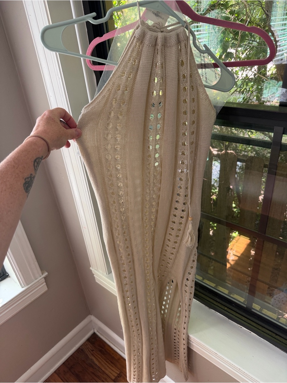 Beige Crochet Halter Knit Dress